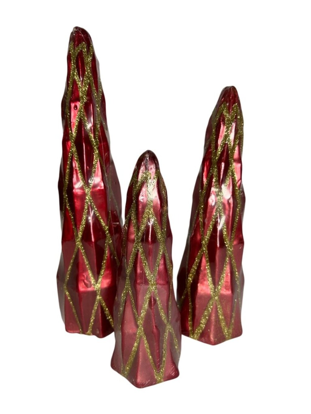 VTG Red & Gold Glitter Christmas Tree Candles 12" 10" 8" Holiday Decor Set of 3